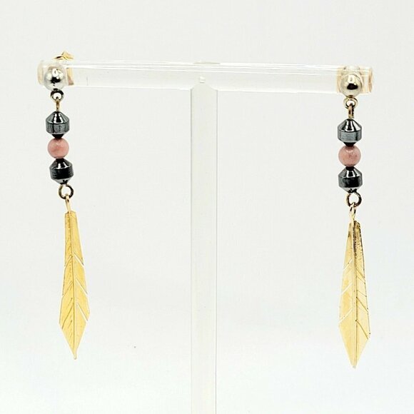 Artisan Native American Style Earrings Gold Tone Hematite Golden Feather 2..25" - Picture 1 of 6